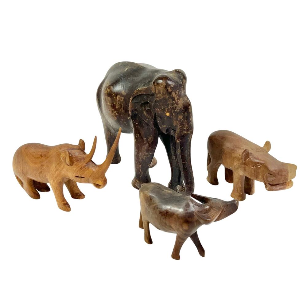 Vintage Hand Carved Wood Safari Animal Figurines Lot Elephant Rhino Hippo 4pc